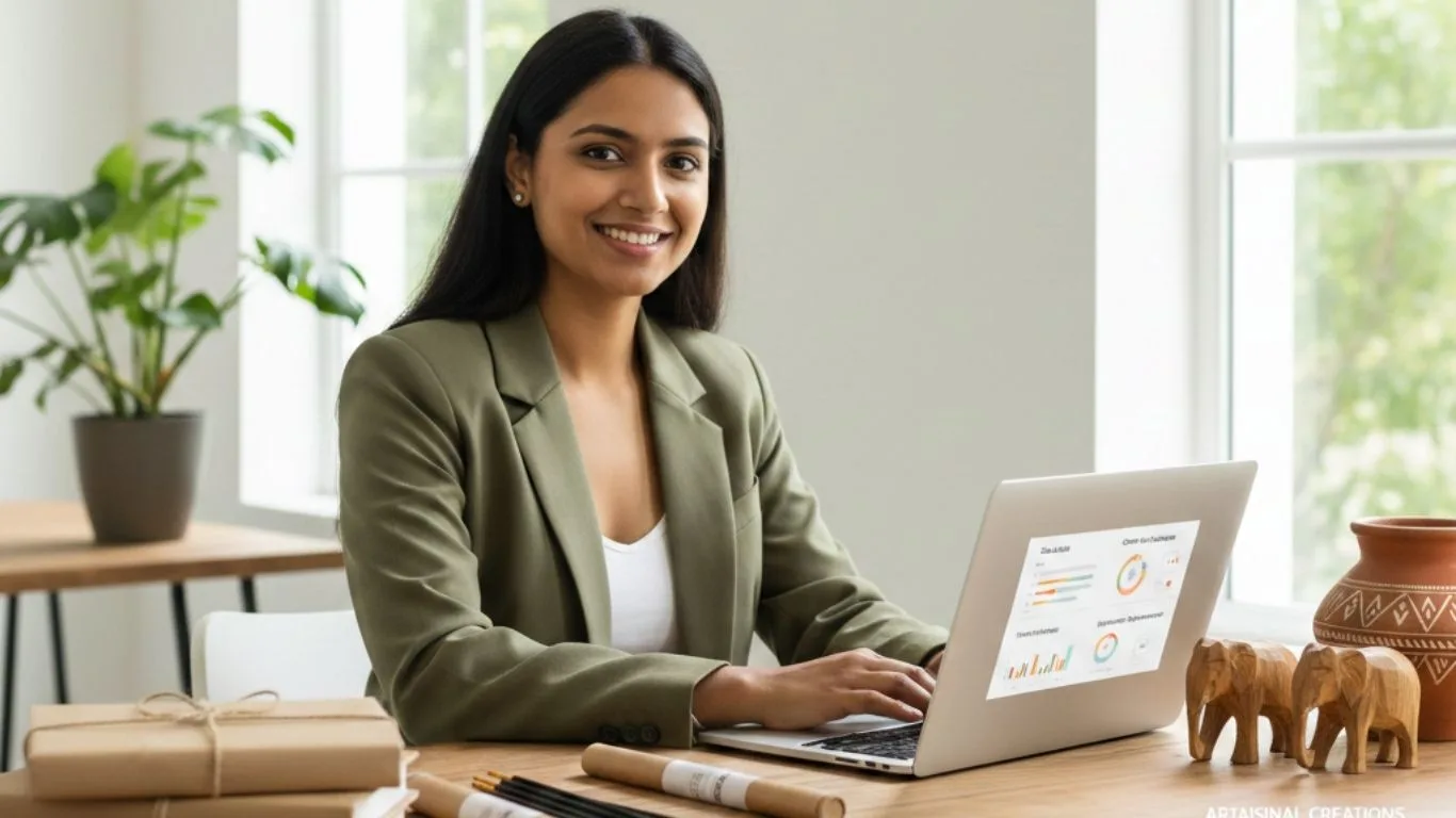 Indian entrepreneur starting to sell products online in India using laptop and ecommerce dashboard