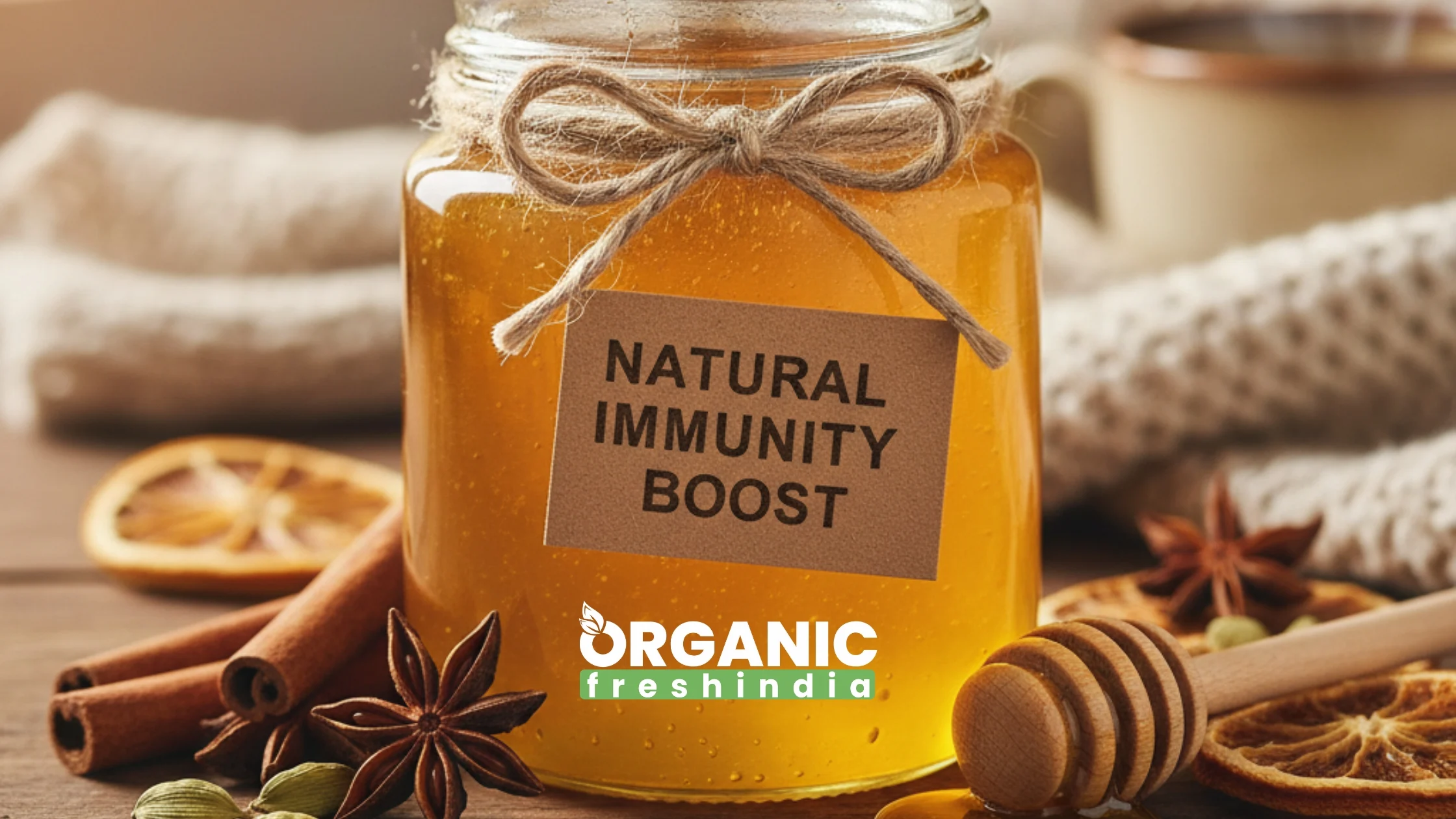 OrganicFreshIndia pure raw honey being poured into warm water for winter wellness